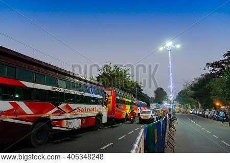 Kolkata, West Bengal, India - 12th January 2020 : Buses Destined For Gangasagar, Parked Up Beside Ga