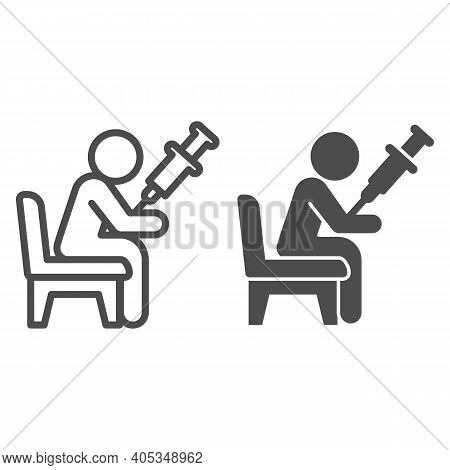 Injecting Medicine In Patient Arm With Syringe Line And Solid Icon, Injections Concept, Applying Inj