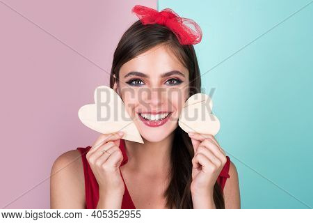 Valentine Day Girl. Smling Pin Up Woman With Hearts