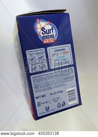 Closeup Of Surf Excel Matic Front Load Detergent Powder 6Kg Box And Pack Isolated On White Backgroun