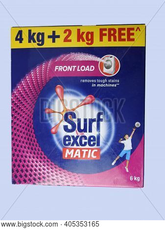 Closeup Of Surf Excel Matic Front Load Detergent Powder 6Kg Box And Pack Isolated On White Backgroun