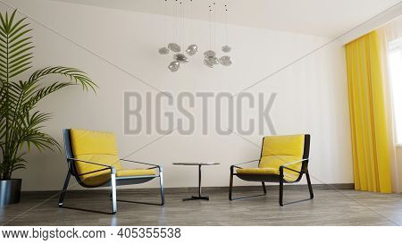 3d Illustraton Of White Room With Two Yellow Armchairs. Psychologist Office.
