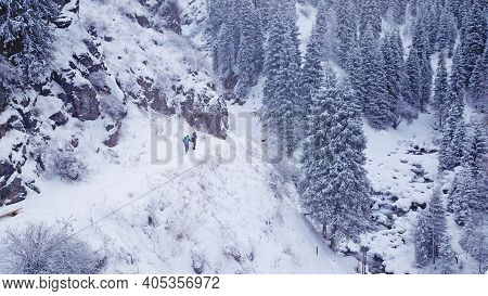 A Group Of People Descend An Iron Ladder In The Mountains. Active Family Holidays. Fir Trees And Sno