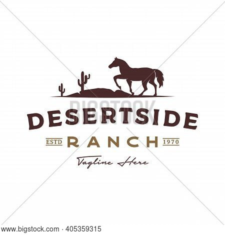 Horse Silhouette In Desert With Cactus For Vintage Rustic Retro Rodeo Countryside Western Country Fa