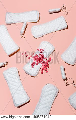 Girl, Women Intimate Hygiene Products - Sanitary Pads With Blood, Daily Pads And Tampon On Pink Back