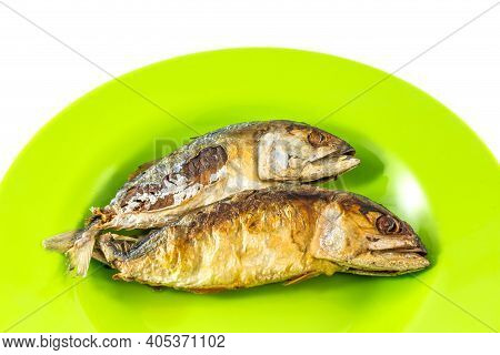 Fish Fry Side View/mackerel Fry On Green Disk