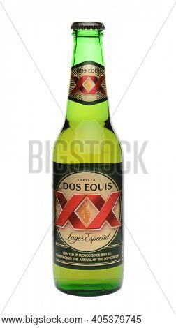 IRVINE, CA - MAY 27, 2014: A single Bottle of Dos Equis Lager Especial on white. Founded in 1890 from the Cuauhtemoc-Moctezuma Brewery in Monterrey, Mexico a subsidiary of Heineken International.