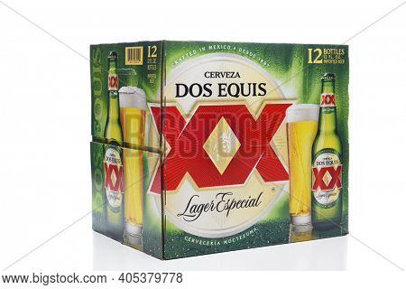 IRVINE, CALIFORNIA - JULY 5, 2019:  A 12 pack of Dos Equis Lager Especial. Founded in 1890 the Cuauhtemoc-Moctezuma Brewery in Monterrey, Mexico is a subsidiary of Heineken International.