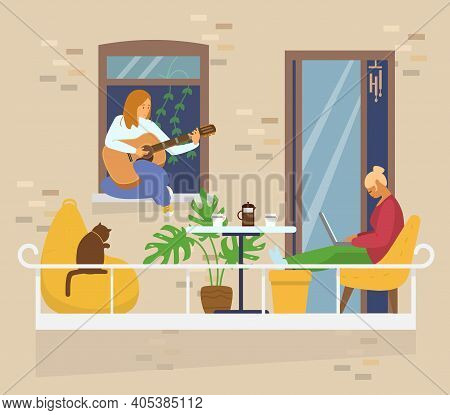 Homosexual Couple On Cozy Balcony With Coffe Table, Cat And Plants. Home Activities. Work From Home.