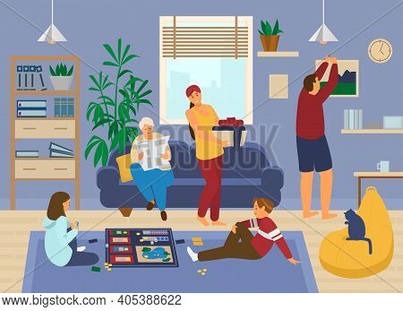 Family At Home. Kids Playing Board Game, Grandmather Reads Newspaper, Mother Doing Laundry, Father H