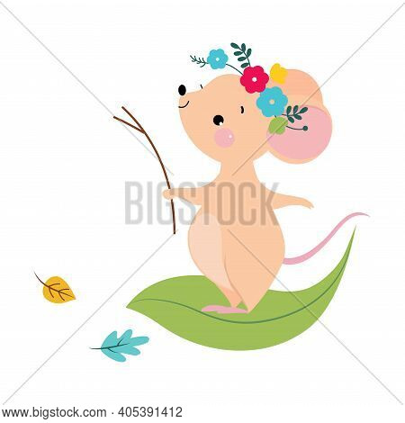 Funny Mouse With Pointed Snout And Rounded Ears Standing On Green Leaf Vector Illustration