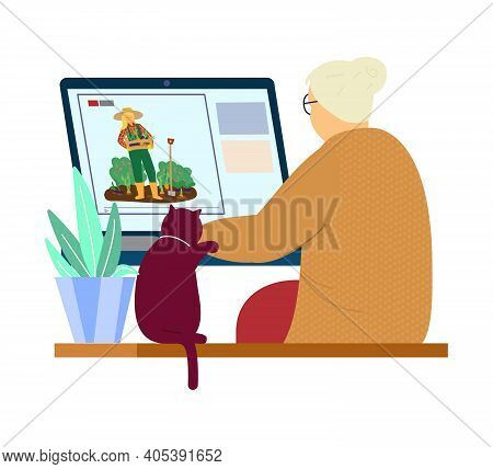 Elderly Woman With Cat Watching Gardening Blog On Laptop. Flat Vector Illustration.
