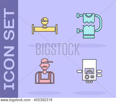 Set Gas Boiler, Industry Pipe And Manometer, Plumber And Heated Towel Rail Icon. Vector