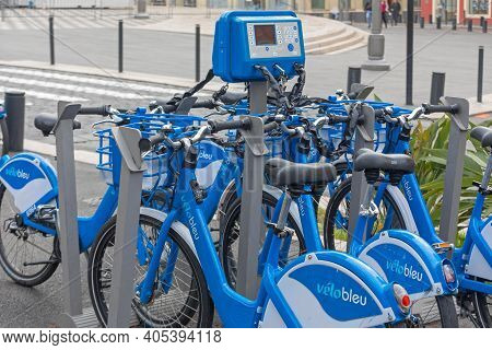 Nice, France - January 31, 2018: Blue Bicycles Rental Velo Bleu At Street In Nice, France.