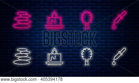 Set Line Aroma Candle, Sauna Broom, Stack Hot Stones And Pipette. Glowing Neon Icon On Brick Wall. V