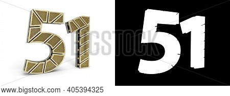 Gold Number Fifty-one (number 51) Cut Into Perforated Gold Segments With Alpha Channel And Shadow On