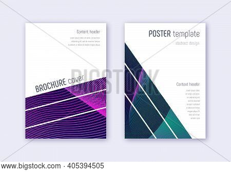 Geometric Cover Design Template Set. Neon Abstract Lines On Dark Blue Background. Breathtaking Cover