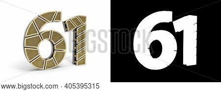Gold Number Sixty-one (number 61) Cut Into Perforated Gold Segments With Alpha Channel And Shadow On