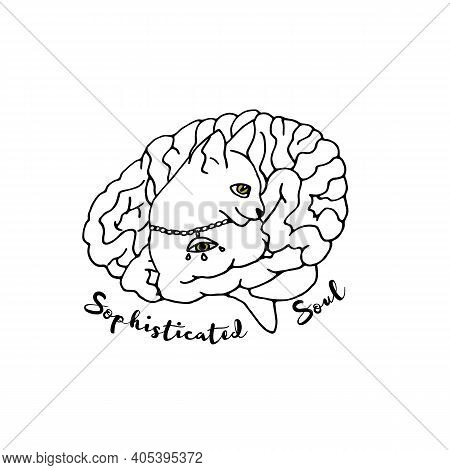 Cat Silhouette Inside Brain With Text Sophisticated Witch. Witchy Magic Illustration.