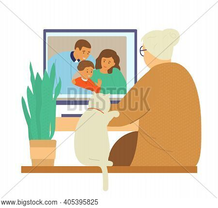 Family Videochat. Grandmother Talks To Her Daughter's Family By Videocall. Online Communication. Fla