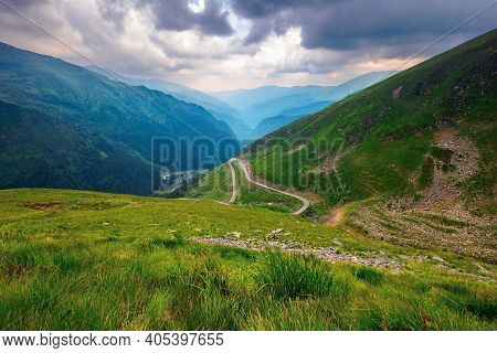 Road In High Mountains Of Romania. Popular Travel Destination Of Fagaras Ridge. Route 7c Is Also Kno