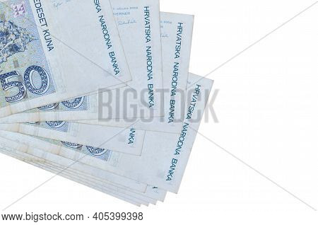 50 Croatian Kuna Bills Lies In Small Bunch Or Pack Isolated On White. Mockup With Copy Space. Busine