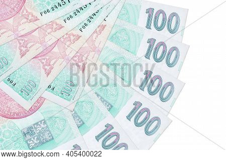 100 Czech Korun Bills Lies Isolated On White Background With Copy Space Stacked In Fan Shape Close U