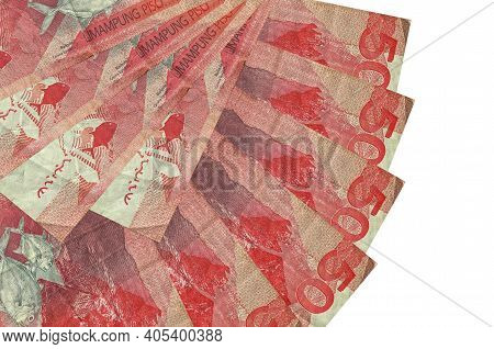 50 Philippine Piso Bills Lies Isolated On White Background With Copy Space Stacked In Fan Shape Clos
