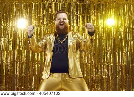 Funny Chubby Man In Funky Suit And Gold Chain Dancing And Celebrating His Success