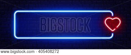 Neon Long Frame With Heart. Bright Night Neon Signboard On Brick Wall With Backlight. Romantic Dinne