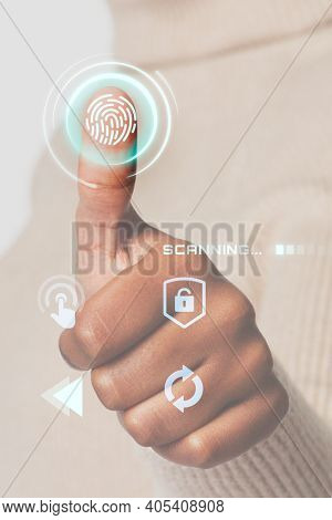 Woman scanning fingerprint with futuristic interface smart technology