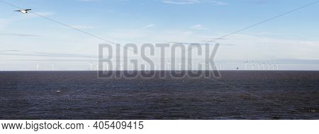 Clacton, Essex, Uk, July 17, 2020. Wind Turbines Seen From The Coast Of Clacton, Essex, United Kingd