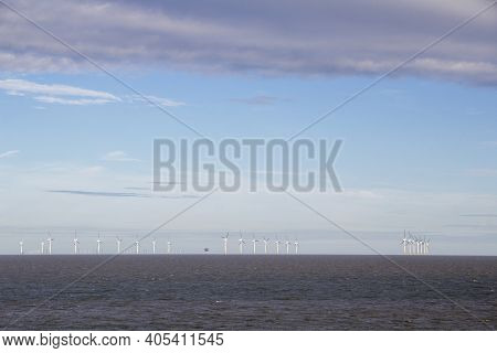 Clacton, Essex, Uk, July 17, 2020. Wind Turbines Seen From The Coast Of Clacton, Essex, United Kingd