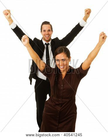 Business Mann und Frau mit Armen in der Luft