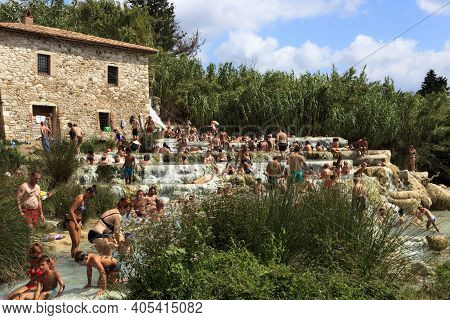 Saturnia (gr), Italy - June 12, 2017: Cascate Del Mulino And Thermal Waters, Mill Waterfalls, Saturn