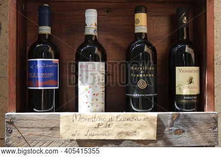 Pitigliano (gr), Italy - June 12, 2017: Morellino And Sangiovese Wine, Scansano, Grosseto, Tuscany, 