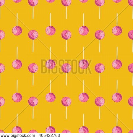 Rows Of Pink Cake Pops Seamless Vector Pattern On Yellow. Birthday Snack Surface Print Design For Fa
