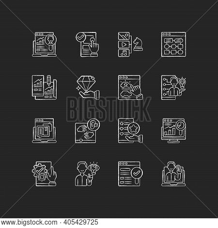 User Experience Chalk White Icons Set On Black Background. Content Strategy. Target Research. Inform