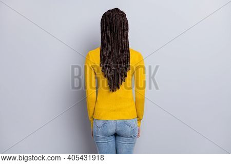 Back Rear View Photo Of Young African Woman Anonym New Hairdo Dreadlocks Isolated Over Grey Color Ba