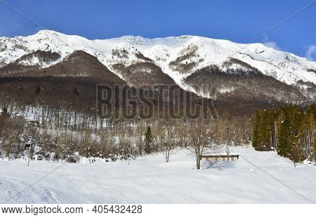 The Winter Alpine Landscape Near Pozzis In Udine Province, Friuli-venezia Giulia In North East Italy