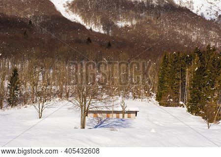The Winter Alpine Landscape Near Pozzis In Udine Province, Friuli-venezia Giulia In North East Italy
