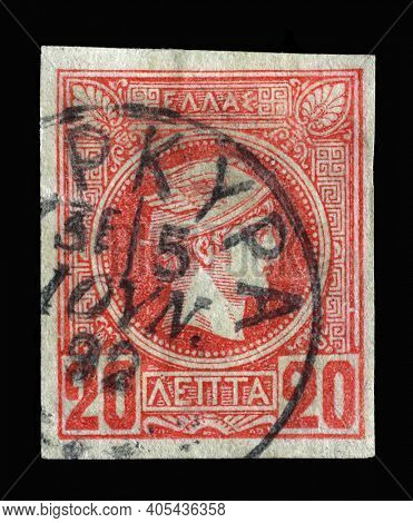 ZAGREB, CROATIA - SEPTEMBER 03, 2014: Stamp printed in Greece shows God Hermes, circa 1898
