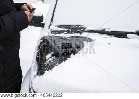 Windshield Broken Wiper Blades Replacement, Focus In The Foregroud, Winter Scene