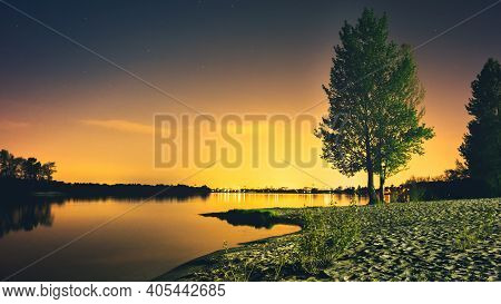 Night Landscape On The Dnieper River, View Of Kiev