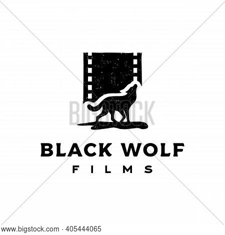 Vintage Rustic Hipster Silhouette Wolf With Film Strip For Movie Production Logo