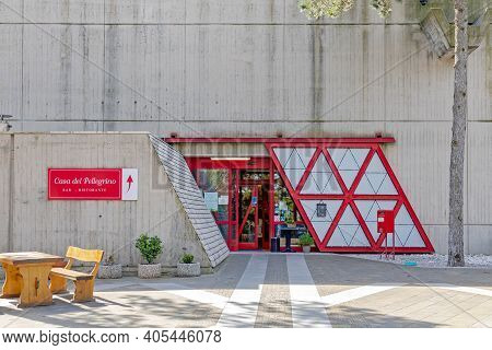 Trieste, Italy - March 7, 2020: Entrance To Temple Of Monte Grisa Catholic Church Restaurant In Trie