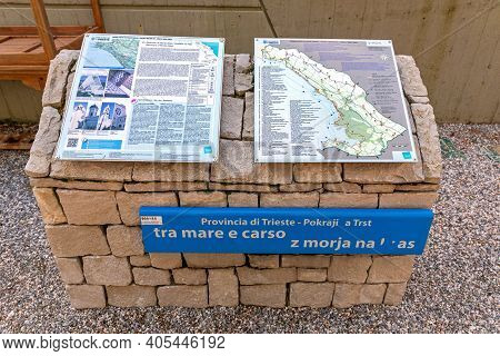 Trieste, Italy - March 7, 2020: Regional Map In Front Of Temple Monte Grisa In Trieste, Italy.