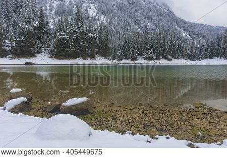 Amazing Winter Landscape With Snowy Mountains And Clear Waters Of Green Lake (gruner See), Famous To