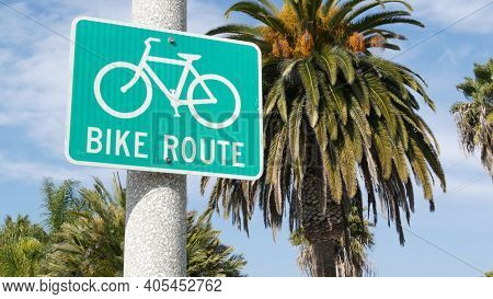 Bike Route Green Road Sign In California, Usa. Bicycle Lane Singpost. Bikeway In Oceanside Pacific T