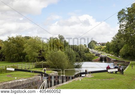 Devizes, Wiltshire, Uk, August 25 2020. Caen Hill Locks On The Kennet And Avon Canal. Devizes, Engla